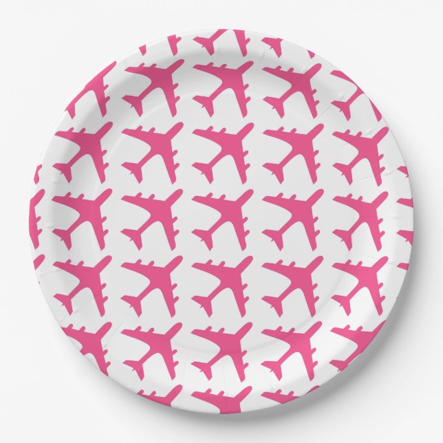 Pink white aeroplane pattern paper plates (Front)