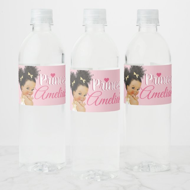 Pink|White Afro Princess Ballerina Baby Girl Water Bottle Label (Bottles)