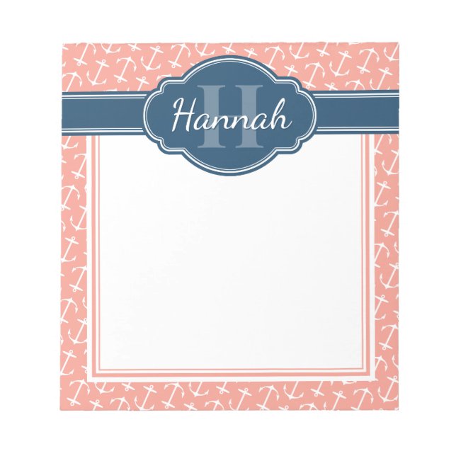 Pink White Anchor Pattern Blue Monogram Notepad (Front)