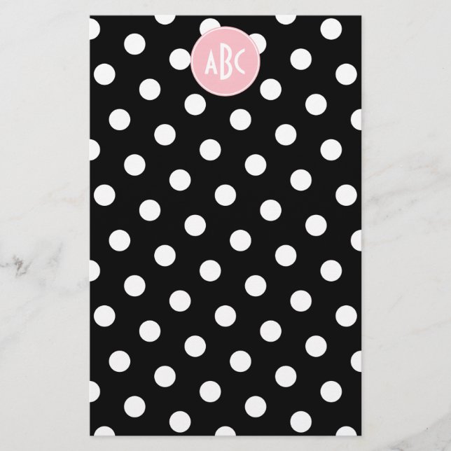 Pink White and Black Polka Dot Monogram Stationery (Front)