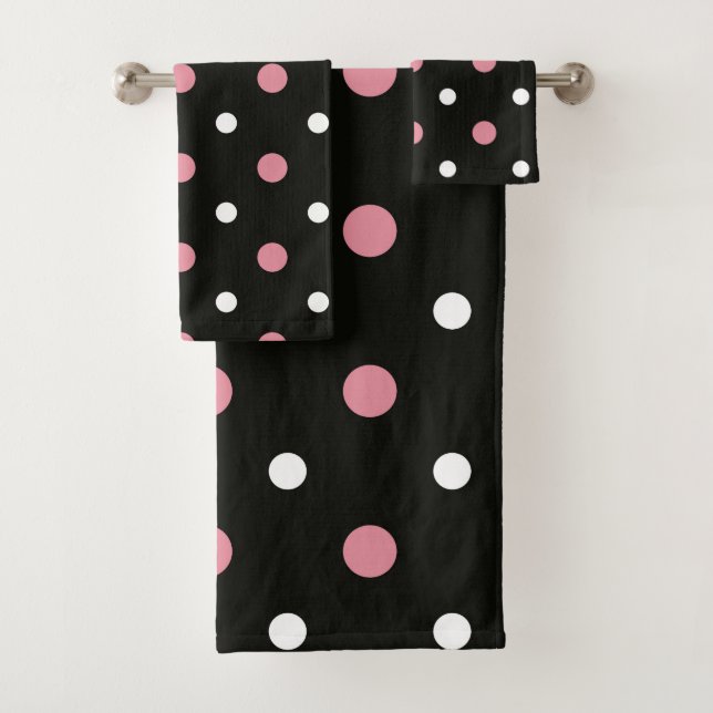Pink white and black polka dots   bath towel set (Insitu)