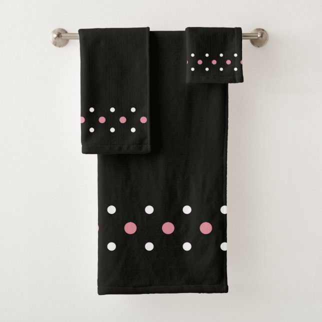 Pink white and black polka dots bath towel set (Insitu)