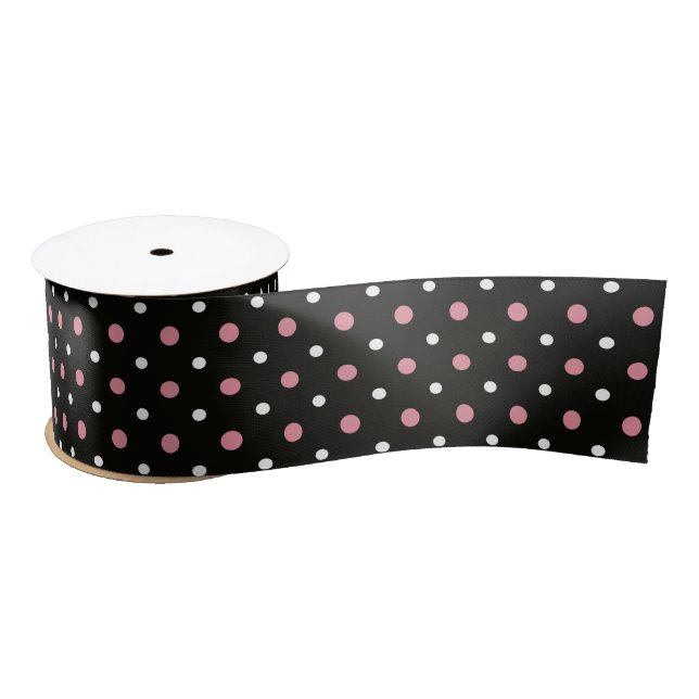 Pink white and black polka dots   satin ribbon (Spool)