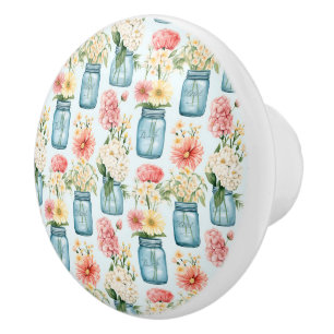 Pink White and Blue Floral and Blue Mason Jars Ceramic Knob