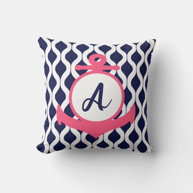 Pink, White, and Blue Nautical Anchor with Initial Cushion (Front)