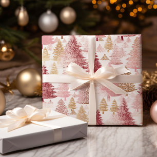 Pink White and Gold Brush Christmas Tree Pattern Wrapping Paper Sheet