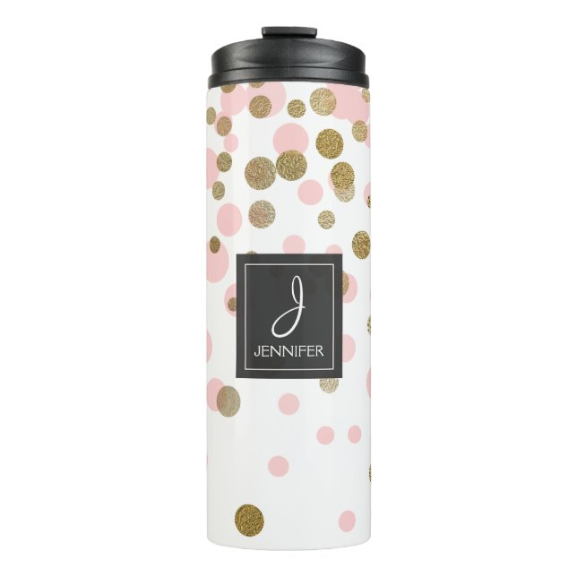 Pink, White and Gold Foil Confetti Monogram Thermal Tumbler (Front)