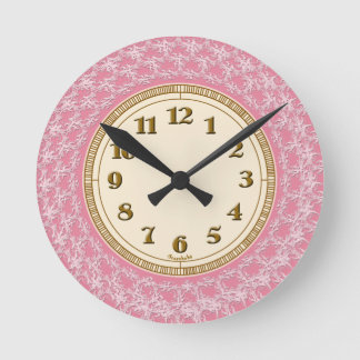 Pink, White and Gold Lacy Pattern Round Clock