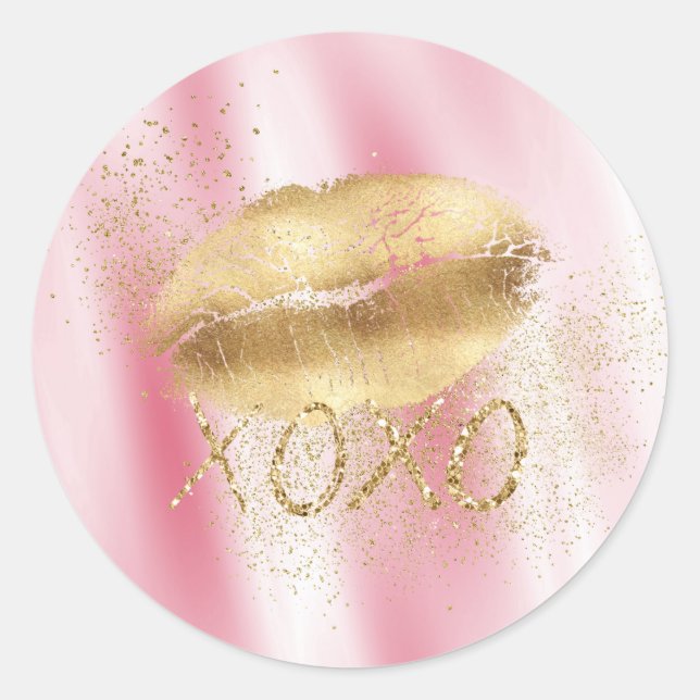 Pink White and Gold Lips Kiss Gold Glitter XOXO Classic Round Sticker (Front)