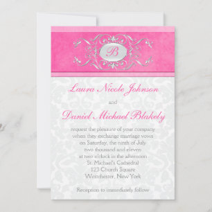 Pink, White, and Grey Damask Monogram Invite