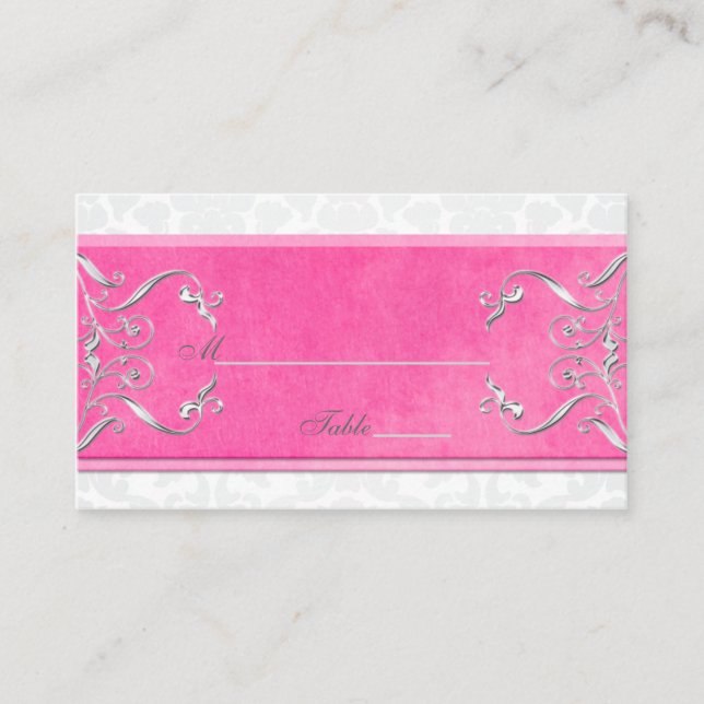 Pink, White, and Grey Damask Placecards (Front)