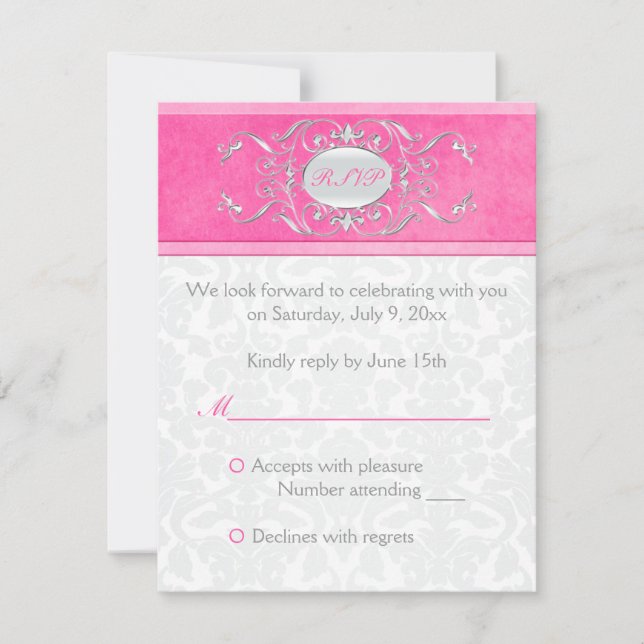 Pink, White, and Grey Damask Reply Card (Front)