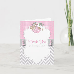 Pink, White and Grey Monkey Baby Shower Thank You Card