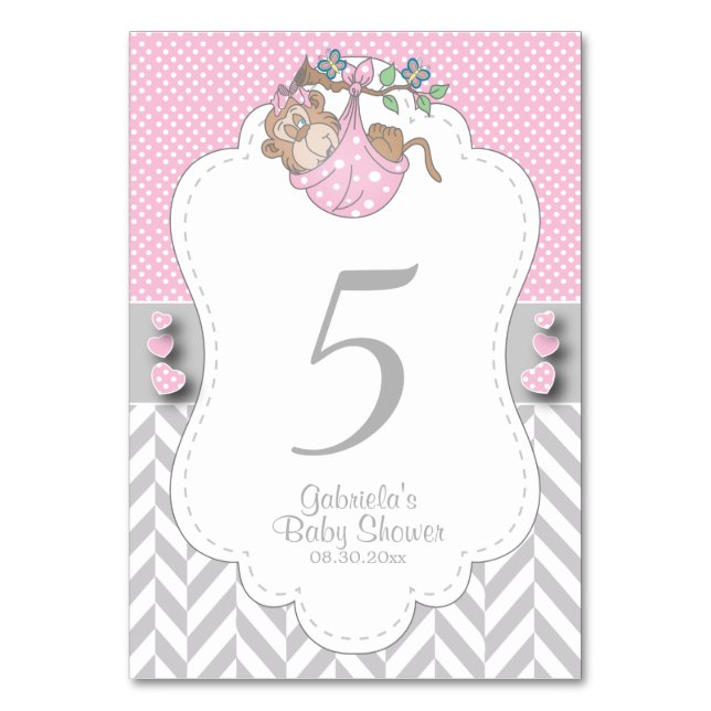 Pink, White and Grey Monkey - Table Numbers (Front)