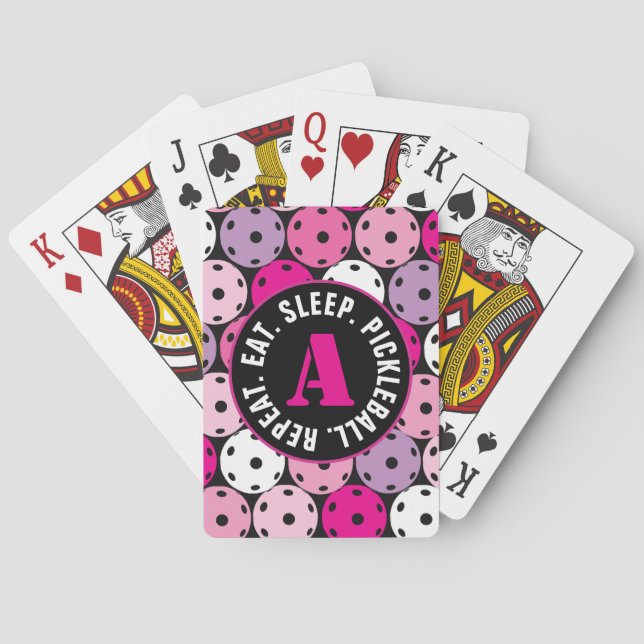 Pink, white and purple pickleballs, with initial playing cards (Back)