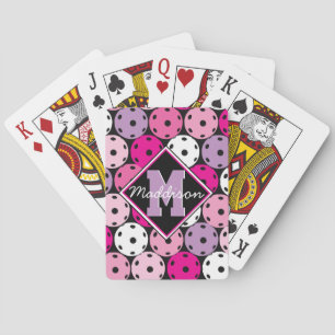 Pink, white and purple pickleballs, with name  playing cards