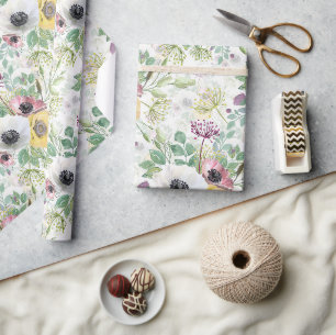 Pink, white and yellow anemones. wrapping paper