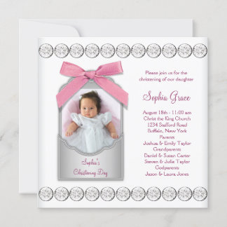 Pink White Baby Girl Photo Christening Invitation