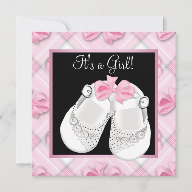 Pink White Baby Shoes Pink Black Baby Girl Shower Invitation (Front)