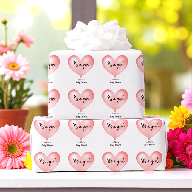 Pink White Baby Shower Balloon Heart Wrapping Paper (Creator Uploaded)
