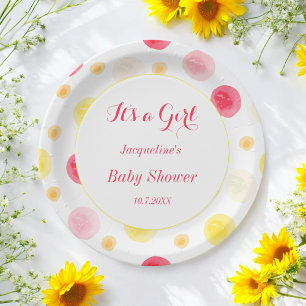 Pink White Baby Shower Watercolor Dots Paper Plate