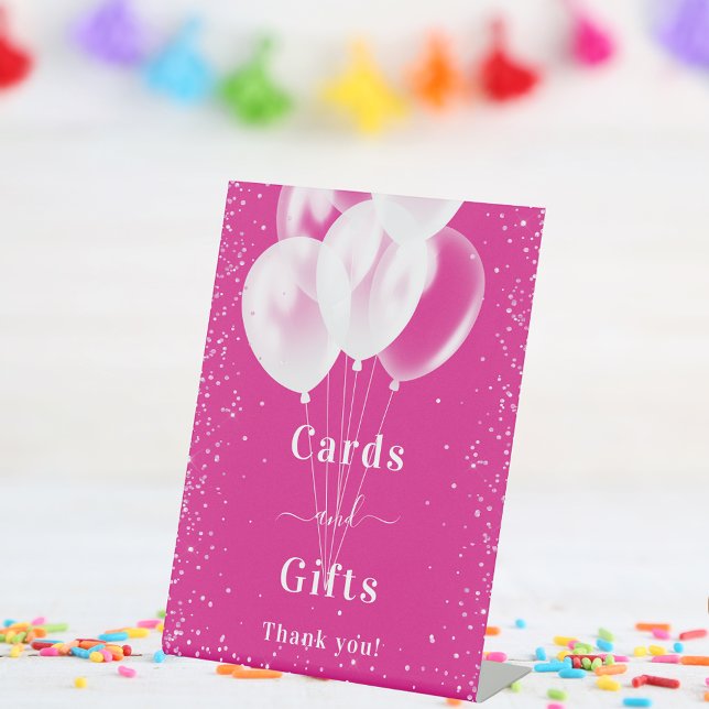 Pink white balloons birthday cards gifts pedestal sign (Creator Uploaded)