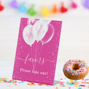 Pink white balloons birthday guest party favours pedestal sign