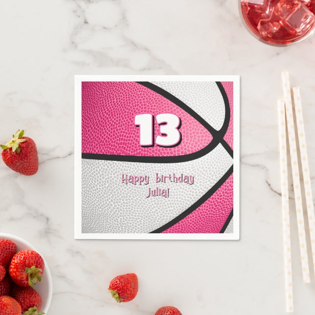 pink white basketball girls birthday sports party napkin (Insitu)