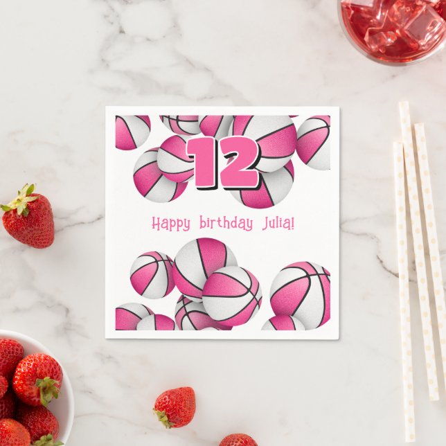 pink white basketballs kids birthday party napkin (Insitu)