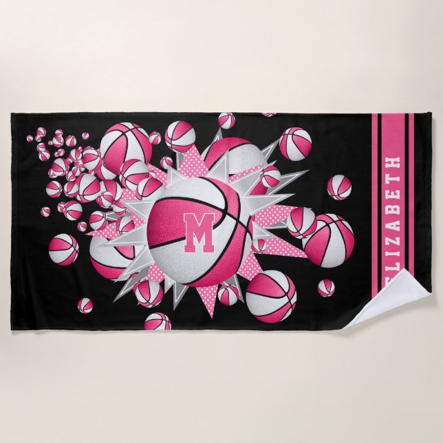 pink white basketballs stars her name monogrammed beach towel (Front)