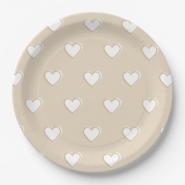Pink White Beige Cute Simple Heart Pattern Paper Plate (Front)