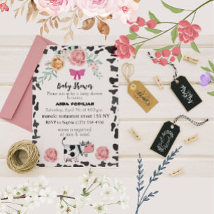 Pink White Black Cow for baby Shower Invitation
