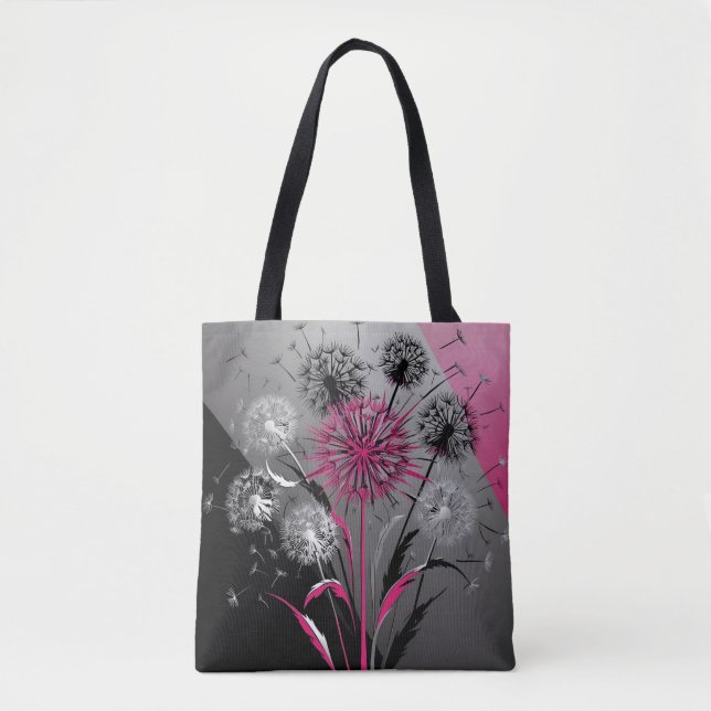 Pink, White Black Dandelions  Tote Bag (Front)