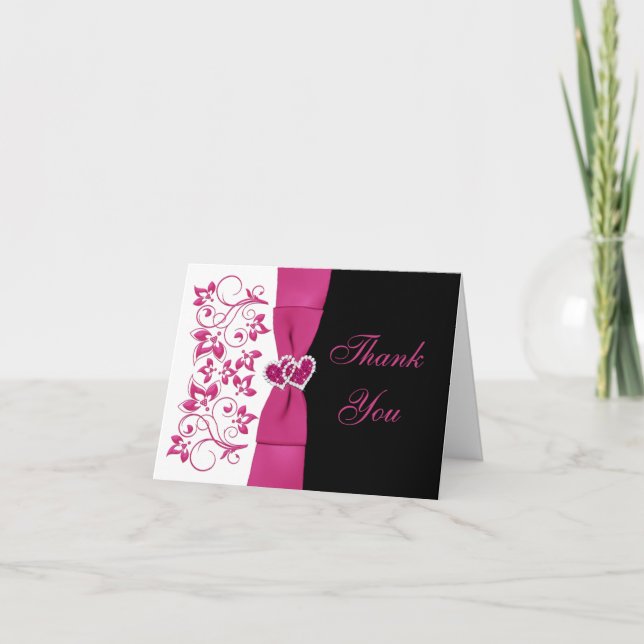 Pink, White, Black Floral Wedding Thank You Card (Front)