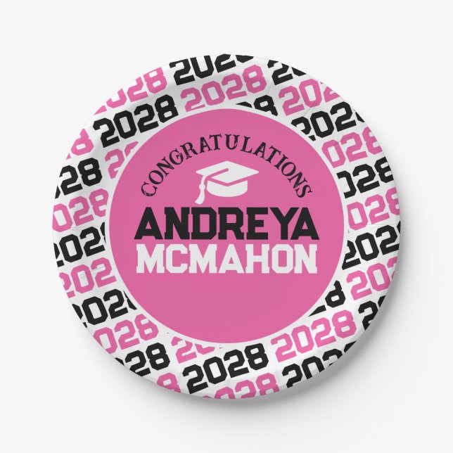Pink, White & Black Graduation Personalised Paper Plate (Front)