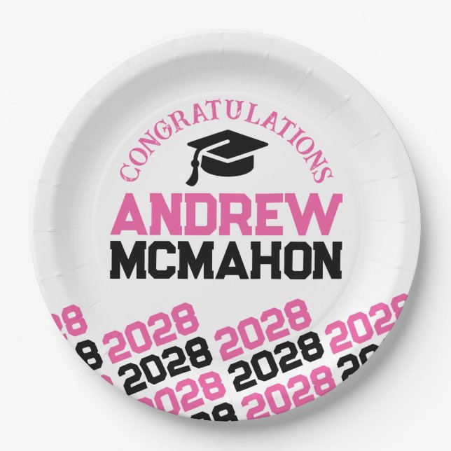 Pink, White & Black Half Repeat Grad Personalised Paper Plate (Front)