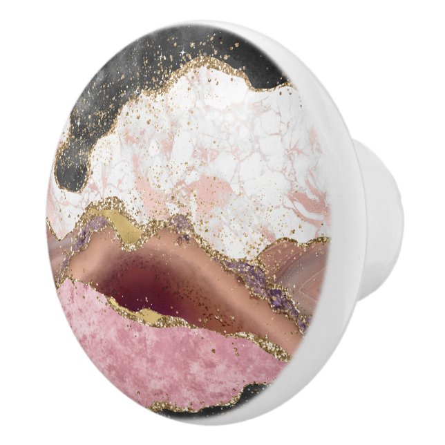 Pink White Black Mauve Gold Glitter Agate Marble Ceramic Knob (Right)