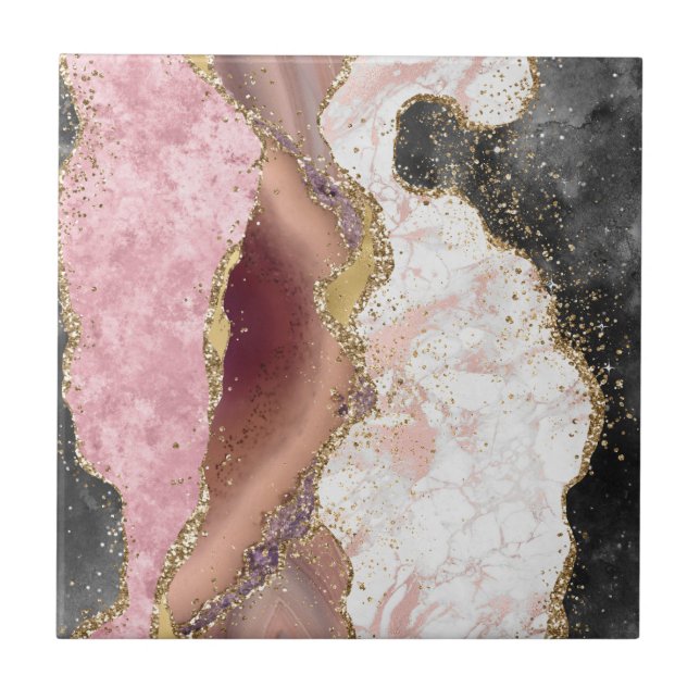 Pink White Black Mauve Gold Glitter Agate Marble Tile (Front)