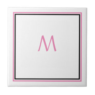 Pink White Black Monogram Initial Custom Name Gift Tile