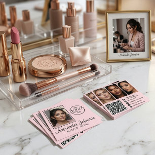 Pink White & Black Script Makeup Photo Personalise Square Business Card