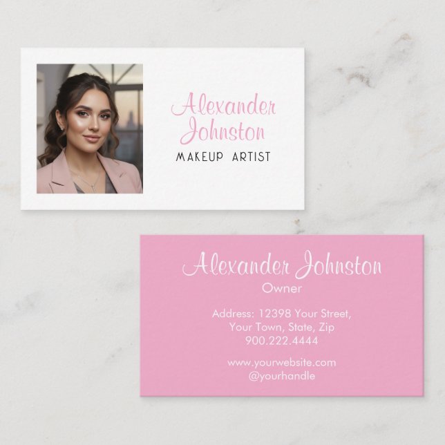 Pink White & Black Script Makeup Photo Personalize Business Card (Front/Back)