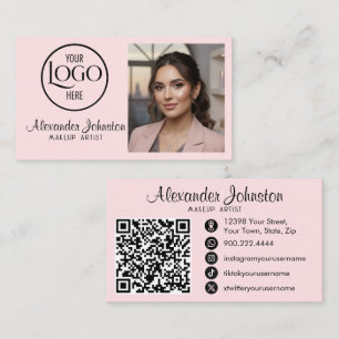 Pink White & Black Script Makeup Photo Personalize Business Card