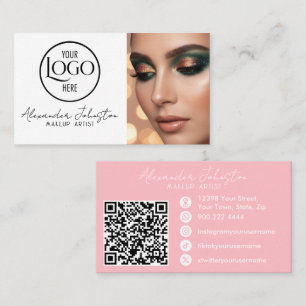 Pink White & Black Script Makeup Photo Personalize Business Card