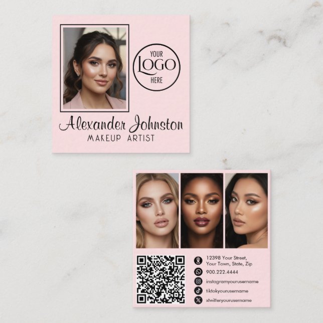 Pink White & Black Script Makeup Photo Personalize Square Business Card (Front/Back)