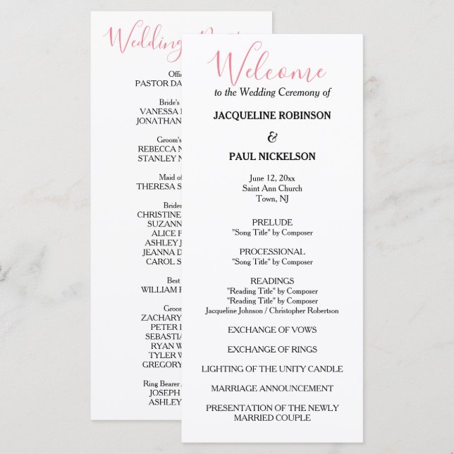 Pink White Black Wedding Program Programme (Front/Back)