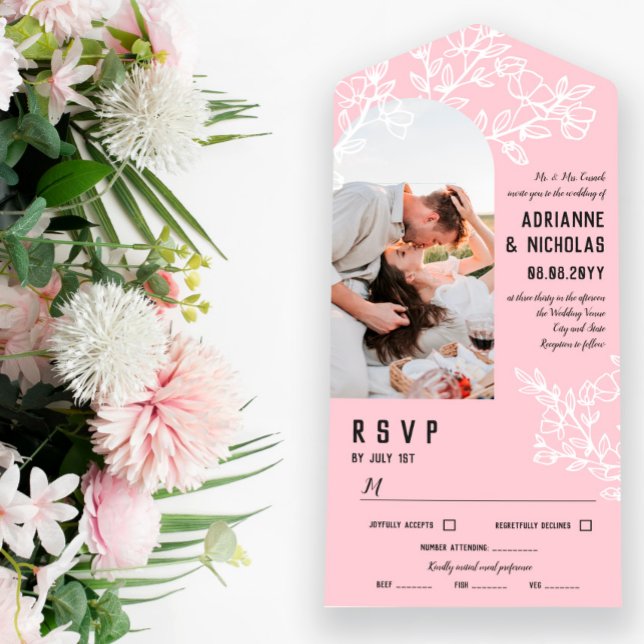 Pink White Blossoming Branches Photo Wedding All In One Invitation (Creator Uploaded)