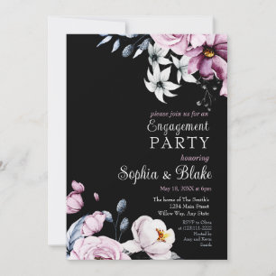Pink, White & Blue Floral Black Engagement Party Invitation