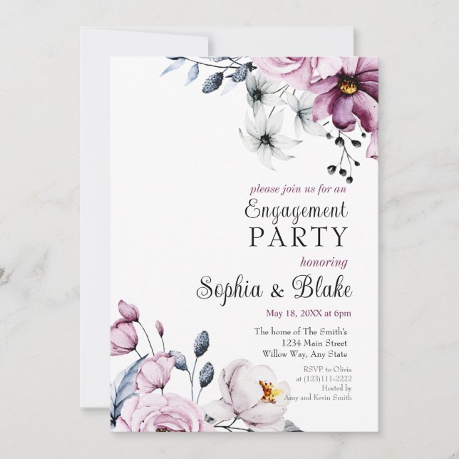 Pink, White & Blue Floral | White Engagement Party Invitation (Front)