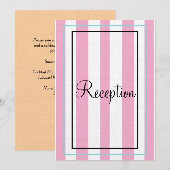 Pink White Blue Monogram Stripes Reception Invitation (Front/Back)