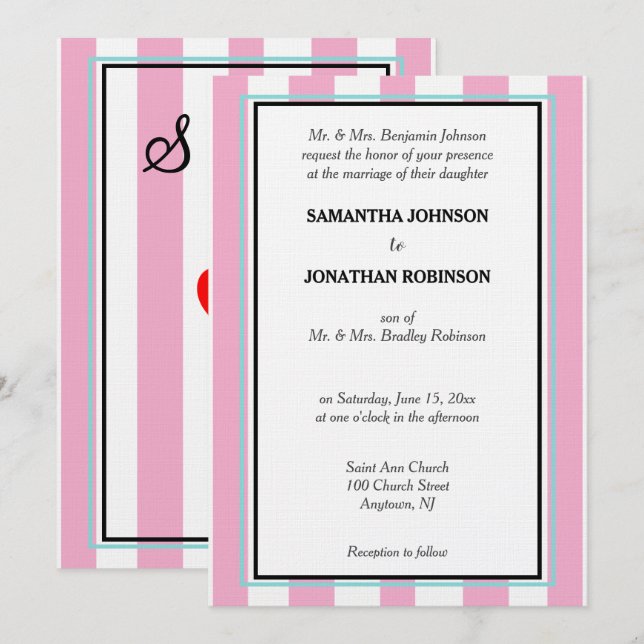 Pink White Blue Stripes Wedding Monogram Invitation (Front/Back)